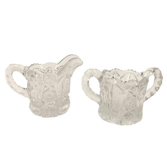 Crystal Glass Double Handle Sugar Bowl & Creamer Pressed Deep Cut Glass EAPG - Picture 1 of 4